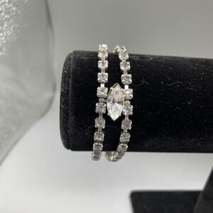 Vintage Double Strand Rhinestone Tennis Bracelet Marquise Center Silver Tone 7in